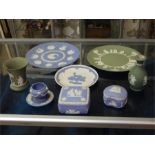 A quantity of Wedgwood Jasperware in blue and green including a 1978 - 1969 anniversary plate,