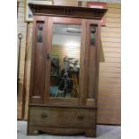 Arts and crafts Oak Wardrobe, mirrored door, stylised copper / metal inset - pelmet and base