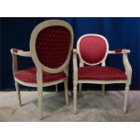 Pair of white Painted open armchairs with red fabric.