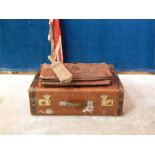 small replica cricket bat; leather attache case monogrammed with " D H ", leather and wood wind