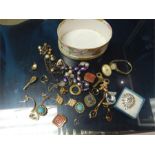 A selection of costume jewellery inc vintage TLM (Thomas L Mott) brooch of hand painted crinoline