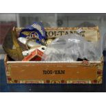 Box of miscellaneous, inc cloth badges possibly american eagle military, gold colour metal watch.