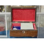 Rosewood, pearl and metal inlaid hinged box inc. 2 pairs of clip earrings, a silver (diamond and