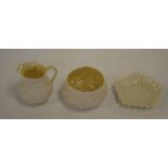 Belleek jug, bowl & dish with Black mark, 10cm wide approx.