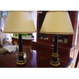 Pair of black & gilt column table lamps 75cm high approx.