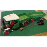 Vintage Mamod live steam wagon with separate trailer, burner & steering rod, 68cm total length