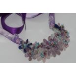 Amethyst and lapis necklace/choker with ribbon