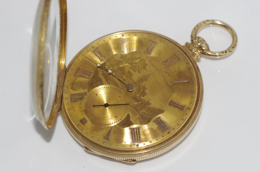 Superb cased Swiss gold open faced pocket watch finely engraved with lake scene, roman numeral - Image 5 of 6