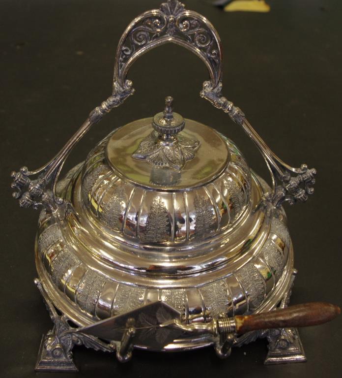 Victorian silver plated butter dish together with a miniature silver plated trowel