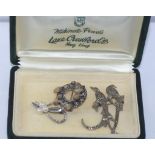 Mikimoto pearl brooch in box together with a marcasite bird brooch and a silver 850 brooch