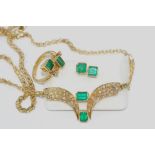 Good 18ct yellow gold, emerald and diamond set comprising necklace, earrings and ring, weight: