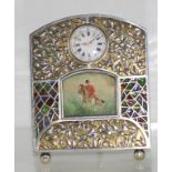 Hallmarked European silver cased clock with coloured glass panels and hunting scene. Swiss