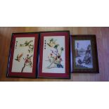 Three oriental framed panels 64cm x 43cm (largest)