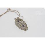 Vintage platinum, diamond & sapphire pendant weight: approx 2.2 grams, on a silver chain