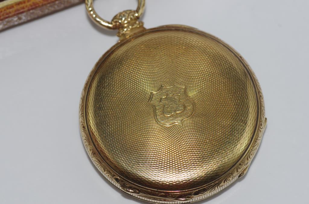 Superb cased Swiss gold open faced pocket watch finely engraved with lake scene, roman numeral - Image 4 of 6