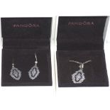 Boxed Pandora silver "sparking lace" set comprising pendant and earrings with CZ, marked S925 ALE