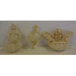 Three Belleek Pottery fonts including a cherub, 16.5cm (tallest) approx.