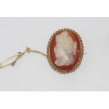 9ct gold and hardstone cameo brooch size: approx 3 by 2.5 cm, (pin not gold)