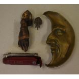 Vintage brass moon face dish together with a tyre gauge, door knocker & metal animal