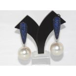 18ct white gold pearl and sapphire earrings weight: approx 16.87 grams, size: approx 4cm drop (