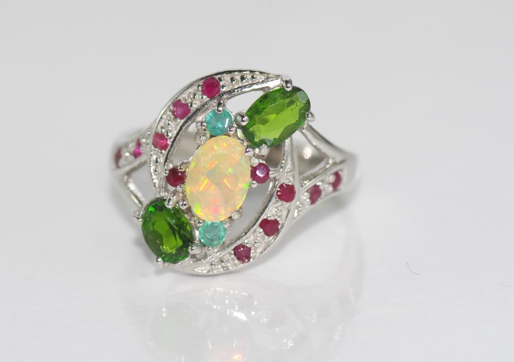 Silver, opal and multi-gem ring size: Q-R/8