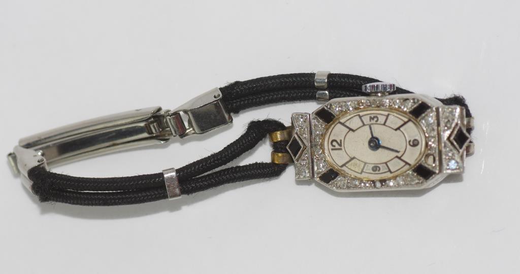 Art Deco diamond platinum and onyx watch - Image 2 of 2