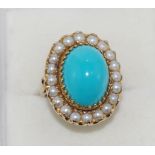 10ct yellow gold and turquoise & pearl ring weight: approx 13.4 grams, size: K-L/5