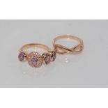 Silver rose gilt and amethyst ring together with another silver gilt knot ring, both size: approx