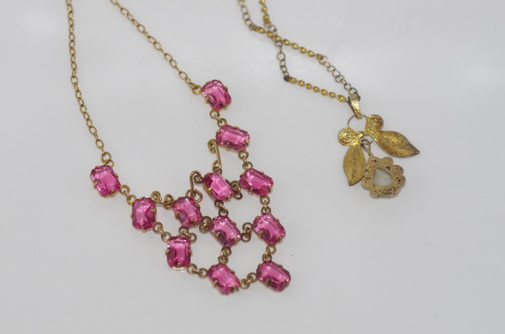 Vintage 9ct gold & pink glass necklace with another vintage necklace