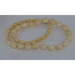 Vintage graduated ivory bead necklace with double lines carved through each bead, size: approx