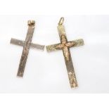 Two 9ct yellow gold crucifix weight: approx 6 grams, size: largest approx 6cm including bale