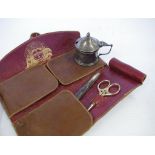 Antique leather pouch scissor holder with contents together with a hallmarked sterling silver