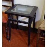 Square occasional table with black painted base and glass top, 49cm x 49cm, 66cm high approx