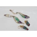 Hallmarked silver and enamel earrings together with a pair of feather shaped earrings