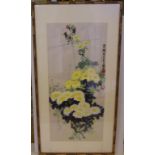 Chinese bird & floral mixed media signed and sealed upper centre right, 76.5 x 35 cm