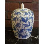 Chinese blue & white porcelain lidded jar decorated with fish, 25cm high