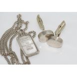 Mexican silver cufflinks with a Credit Suisse silver pendant and chain, total weight: approx 25.5