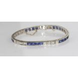 14ct white gold Art deco style diamond bracelet with blue stones (which test as sapphire), weight: