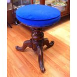 Victorian swivel piano stool with blue velvet upholstered top, H50cm approx