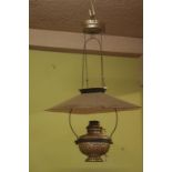 Antique Millers Jumbo ceiling light with oil burner lamp, 97cm high approx