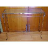Glass top console table with gold painted metal base, 93cm wide, 73cm high