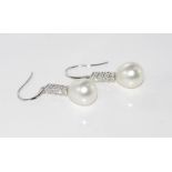 18ct white gold diamond & South Sea pearl earrings with shepherd hooks, 8 diamonds TDW 0.50cts,