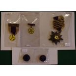 Three English medals & 2 munitions of war badges to include Star shaped Imperium et Libertas and