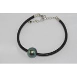 Tahitian pearl and leather bracelet with silver clasp