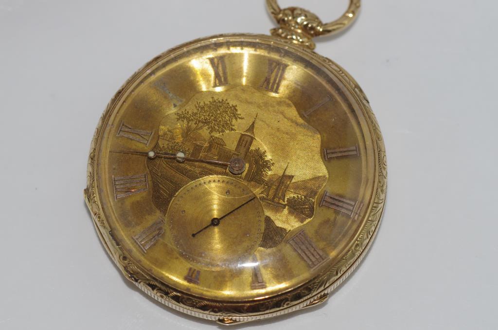 Superb cased Swiss gold open faced pocket watch finely engraved with lake scene, roman numeral