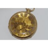 Superb cased Swiss gold open faced pocket watch finely engraved with lake scene, roman numeral