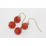 Vintage carved coral earrings with 9ct shepherd hooks, total weight: 5.2grams approx