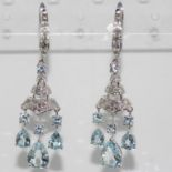 18ct white gold, aquamarine & diamond earrings weight: approx 6.82 grams, size: 4.5cm length