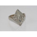 Antique 18ct white gold and diamond cluster ring in a kite shape, TDW=0.58ct H/SI-I1, weight: 4.6