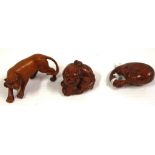 Three oriental carved timber animal netsukes H3cm approx (tallest)